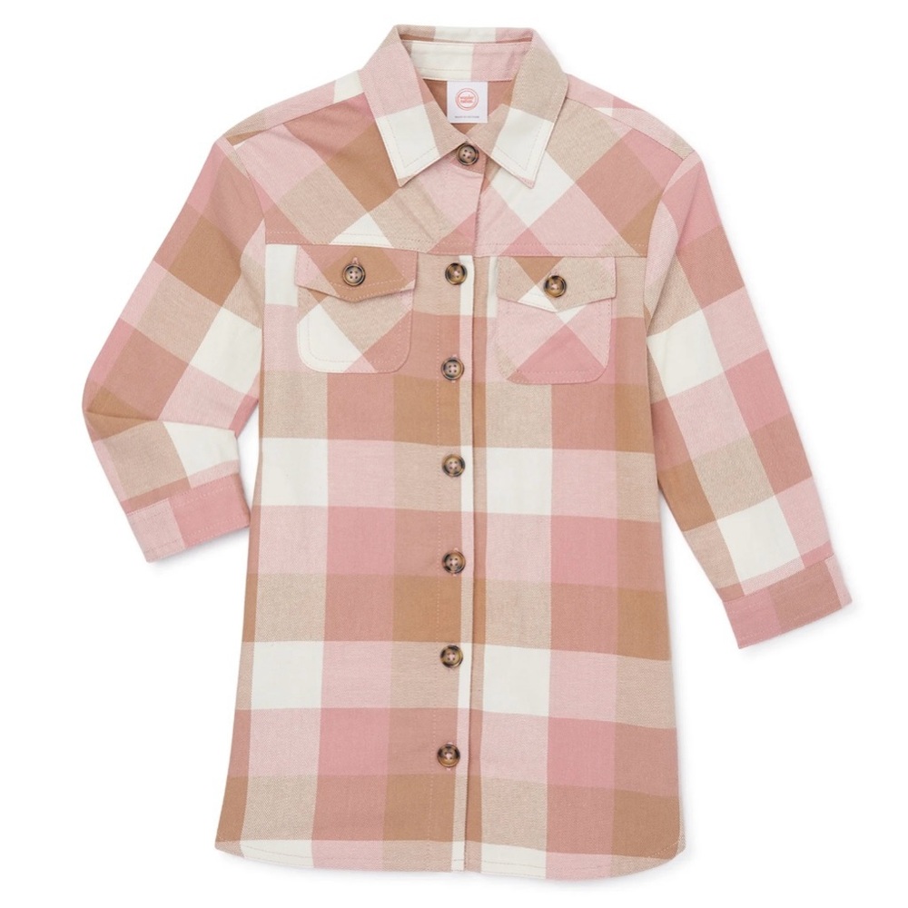 Wonder Nation Long Sleeve Plaid Flannel Shirt Dress Pink Tan Size 18 Months